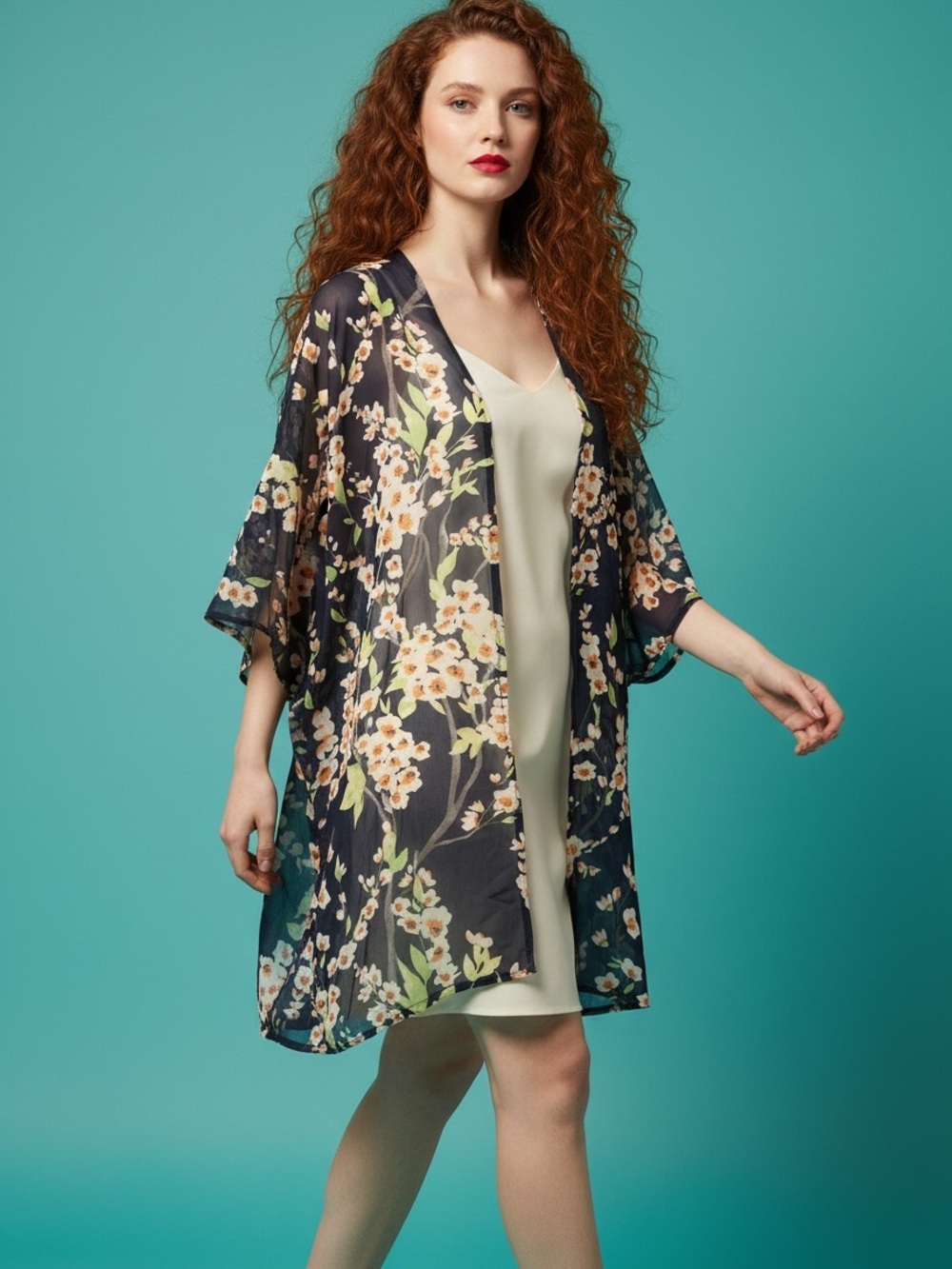 Blue Floral Beach Cover Up Kimono Cardigan Top Size L